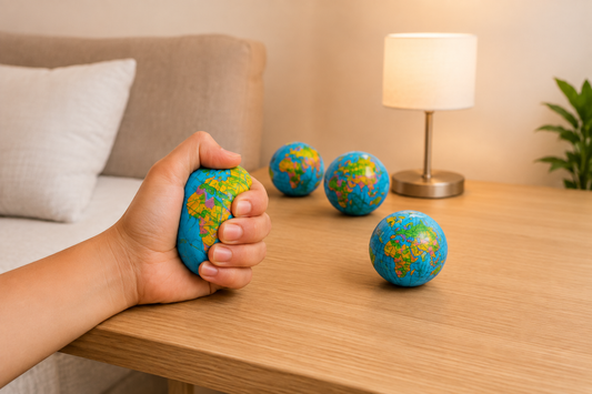 Main pressant une balle anti-stress globe terrestre sur une table