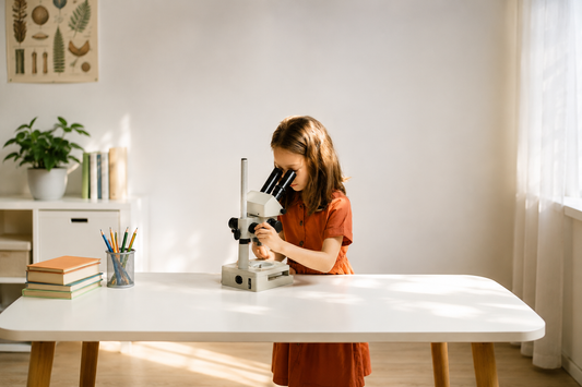 Enfant observant au microscope pour découvrir le monde scientifique
