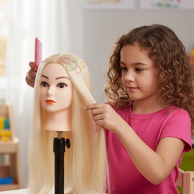 Enfant coiffant les cheveux d’une tête à coiffer