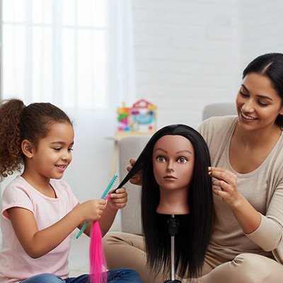 Enfant coiffant les cheveux d’une tête à coiffer