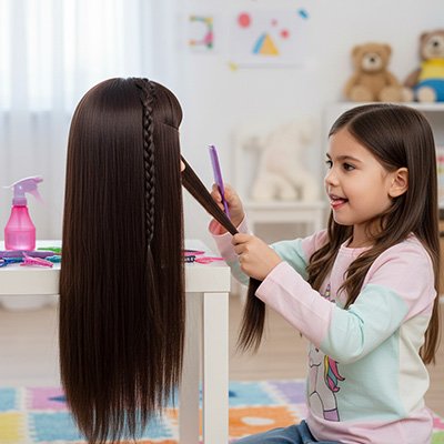 Enfant coiffant les cheveux longs d’une tête à coiffer