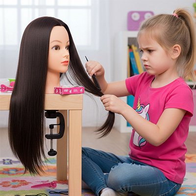 Enfant coiffant une tete a coiffer