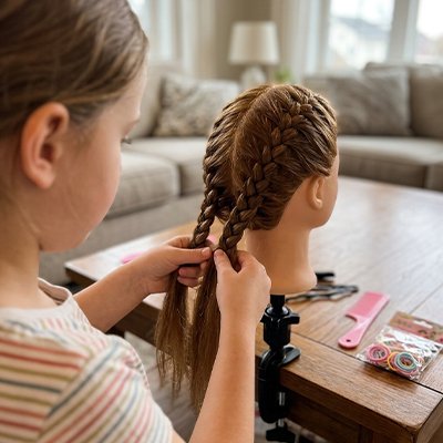 Enfant coiffant une tête à coiffer