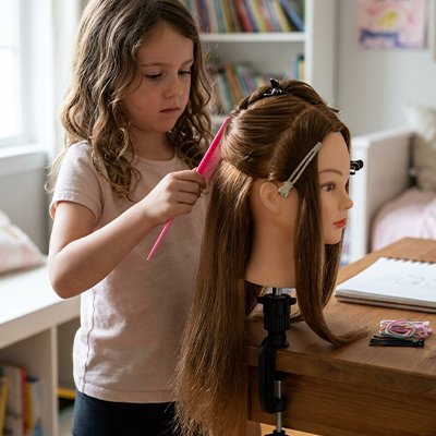 Enfant réalisant une coiffure sur tête à coiffer