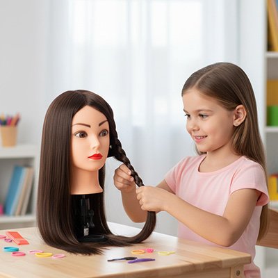 Enfant réalisant une coiffure sur une tête à coiffe