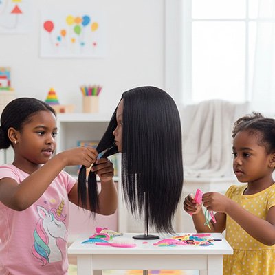 Enfants jouant avec une tête à coiffer