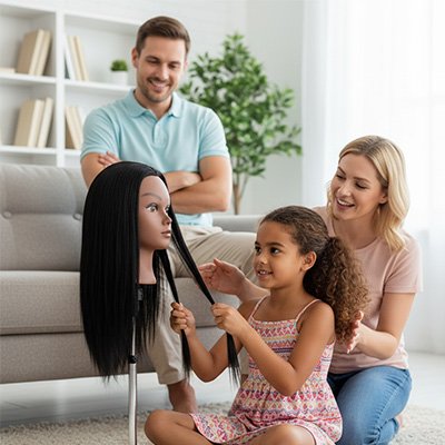 Famille réunie autour d’une tête à coiffer