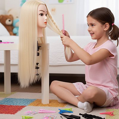 Maman aidant son enfant à coiffer une tête à coiffer