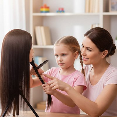Maman et enfant jouant avec une tête à coiffer