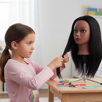 Petite fille coiffant une tête à coiffer