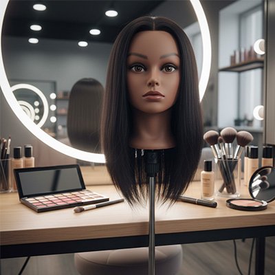 Tête à coiffer aux cheveux noirs sur son support